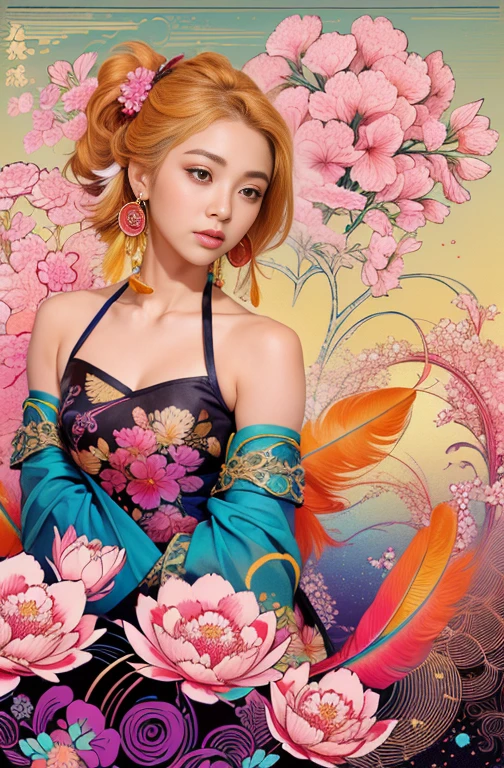 A girl with small breasts, bare shoulders, golden hair, colored feathers, metal ornaments, colored flowers, particles, light rayasterpiece, top quality, best quality, official art, beautiful and aesthetic:1.2), (1girl:1.3), extremely detailed,(fractal art:1.1),(colorful:1.1)(flowers:1.3),highest detailed,(zentangle:1.2), (dynamic pose), (abstract background:1.3), (shiny skin), (many colors :1.4), ,(earrings:1.4), (feathers:1.4)