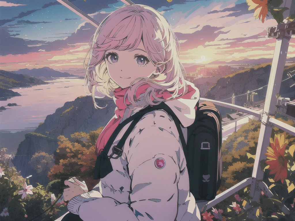 Stable Diffusion prompt: anime female girl traveler,illustration or 3D rendering,adventurous spirit,cute detailed eyes and face,vibrant colors,soft lighting,best quality,HD,content smile,journey,suitcase,pink hair,bow,exploring,beautiful detailed lips,stylish clothes,wandering in a scenic landscape,fantasy elements,,expressive pose,close up picture of the face, focus on face, sunset palette,peaceful atmosphere,natural beauty,mystical charm,sparkling eyes,travel diary,open road,positive energy,curious gaze,lively personality,excitement,inspiring textures,sunlit path,magical moments,blissful enjoyment,dreamlike aura.
(Please do not include the "Stable Diffusion prompt:" part when using the prompt)