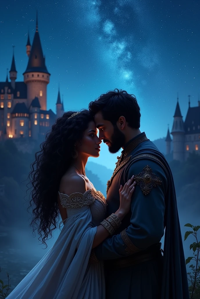 Create a realistic book cover, It must be a couple hugging and resting their foreheads against each other, one of black skin color , with long, well-defined curly hair ,wearing a medieval princess dress and a man with dark skin color, wearing simple medieval clothes with simple short hair, with a beard to shave, the two must be in front of a castle with a starry sky the sky must attract a lot of attention with several stars shining
