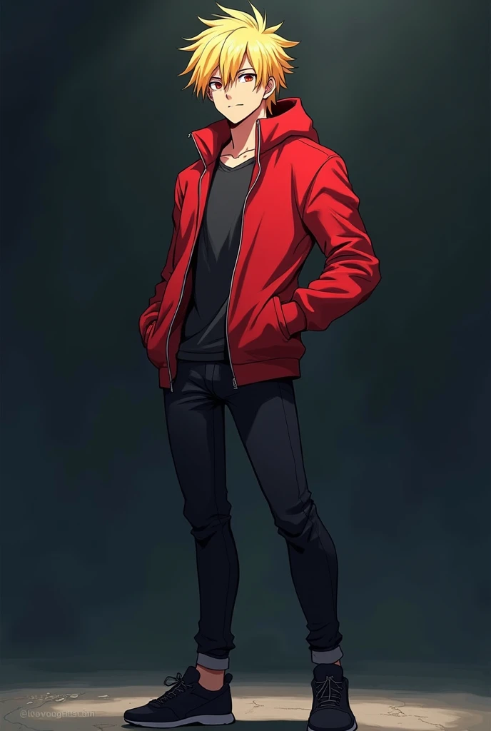 In the anime picture, the head to toes are still visible.、In dark color、He was slim and muscular and wore a red jacket.、Blonde