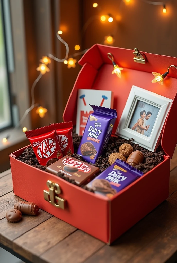 A combo box for birthday gift that's contains:
• 2 pieces of KitKat chocolate
• 2 pieces of Cadbury Dairy Milk
• 1 piece of Amul Dark Chocolate
• A customized photo frame with fairy lights ( some pictures in photo frame)
• A PVC birthday card
•A Google castomized birthday gift card
"All items should include in a beautiful box "