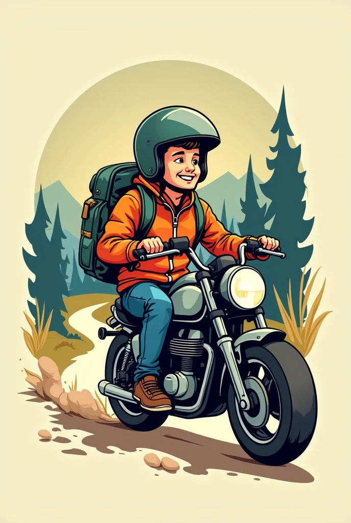 Biker on motorcycle back with backpack camping cartoonish