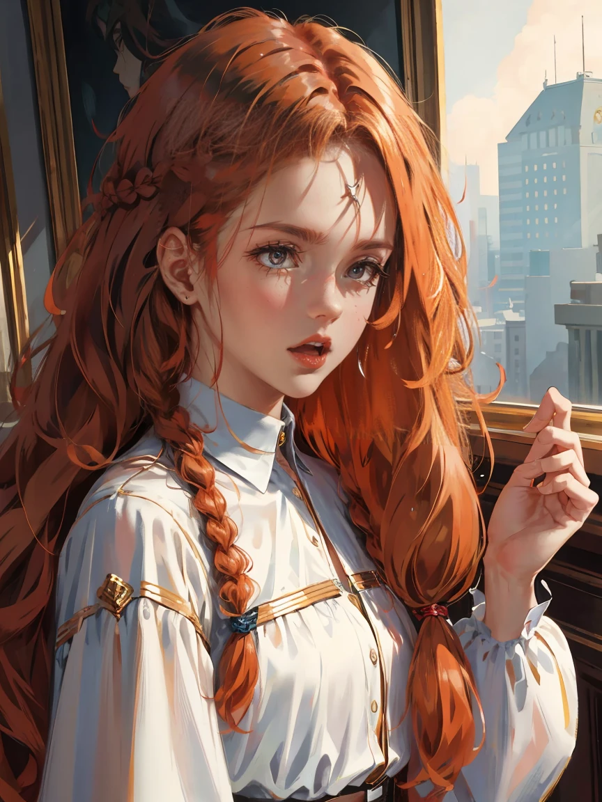 Long ginger hair, dark brown eyes, gloss lips, front look, freckles on face, close up, portrait, beautiful eyes, wearing a male white suit, big white, curly hair cut, clear skin, young 30 years girl, adult girl, solo, very long hair, ankle length hair, handsome older WOMAN,Hyperresolution,accuracy,Detailed rendering,(Image of fine hair)(topquality)(Masterpieces of masters)(High degree of completeness)(A sense of atmosphere)tmasterpiece,Super detailed and super detailed(((half-body portrait)))(((Older woman)))(((Unruly ginger hair))) (((Frizzy curly hair)))(((Long ginger hair)))(((Scottish)))(((BROWN EYES))