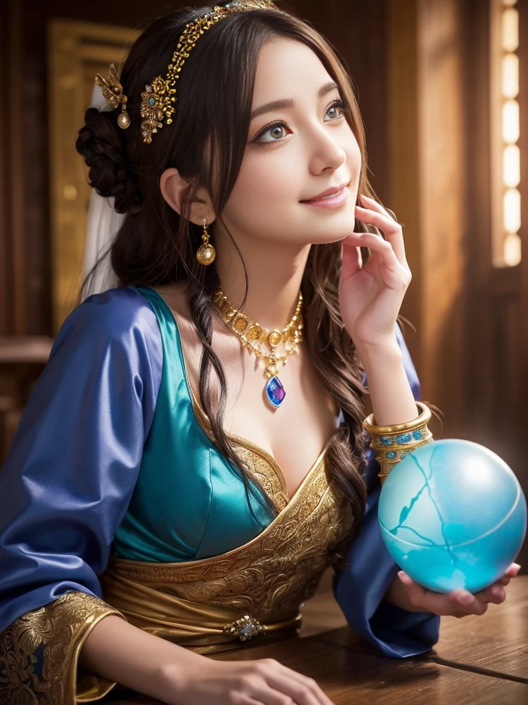 a detailed portrait of Minea the fortune teller from Dragon Quest IV, 1 woman, beautiful detailed eyes, beautiful detailed lips, extremely detailed face and features, long eyelashes, smile,intricate cosplay, alchemist costume, holding a magical crystal ball,fantasy, JRPG, digital painting, cinematic lighting, dramatic pose, warm color palette, masterpiece, 8K, photorealistic, highly detailed, concept art style