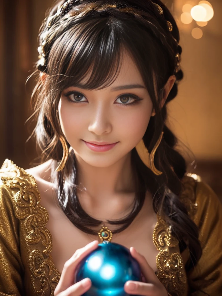 a detailed portrait of Minea the fortune teller from Dragon Quest IV, 1 woman, beautiful detailed eyes, beautiful detailed lips, extremely detailed face and features, long eyelashes, smile,intricate cosplay, alchemist costume, holding a magical crystal ball,fantasy, JRPG, digital painting, cinematic lighting, dramatic pose, warm color palette, masterpiece, 8K, photorealistic, highly detailed, concept art style