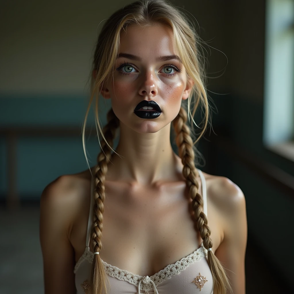 Full body photo eines Mädchens 18-jahre alt lange blonde geflochtene Zöpfe sehr dünn macht nackt Ballett, without clothes,flat chested,small breasts,makeup smeared,makeup run,perfect lips, schwarzerLippenstift, braces, Summer freckles,big eyes,blue eyes,sweating, sweats heavily,wet,muito detalhado, best quality, extremely detailed face, perfect lightning, Ballet Studio Background, sexly, erotic, unique,((Full body photo)), 4K, masterpiece 