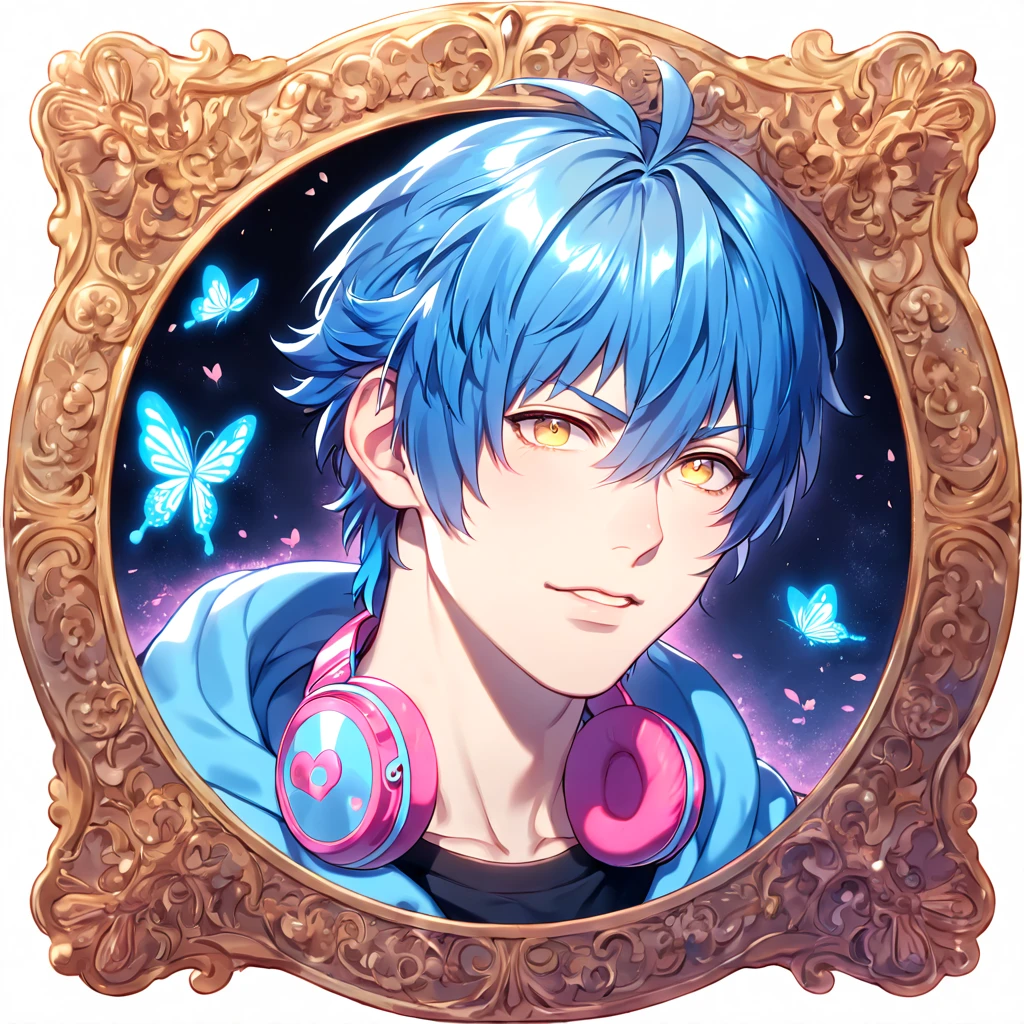 absurdres, highres, ultra detailed, HDR, master piece, best quality, extremely detailed, Seragaki Aoba, blue hair, expressive yellow eyes, Dramatical Murder, solo, sexy man, handsome, manly man, sensual, pink headphones around his neck, white and blue hooded jacket, black T-shirt, fantasy, magical, blue moon, blue flowers, blue butterflies, blue petals, blossoms