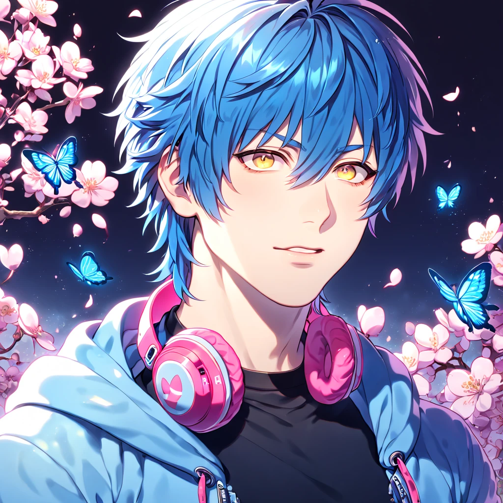 absurdres, highres, ultra detailed, HDR, master piece, best quality, extremely detailed, Seragaki Aoba, blue hair, expressive yellow eyes, Dramatical Murder, solo, sexy man, handsome, manly man, sensual, pink headphones around his neck, white and blue hooded jacket, black T-shirt, fantasy, magical, blue moon, blue flowers, blue butterflies, blue petals, blossoms