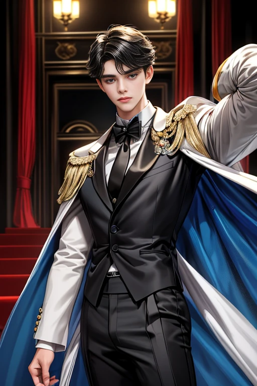 
masterpiece, 最high quality, high quality, 1 boy, alone, Male focus, Watching the audience,  Messy black hair, Adorable big blue eyes, White, Noble, Noble,A sexy, voluminous, puffy cape、tuxedo、A very voluminous, large, very large, very large, long, long red and black cape with a high stand-up collar, made of a lot of fabric that reaches down to the floor., 17 years old,Cute beautiful boys,Cute, cute, kind, handsome guy