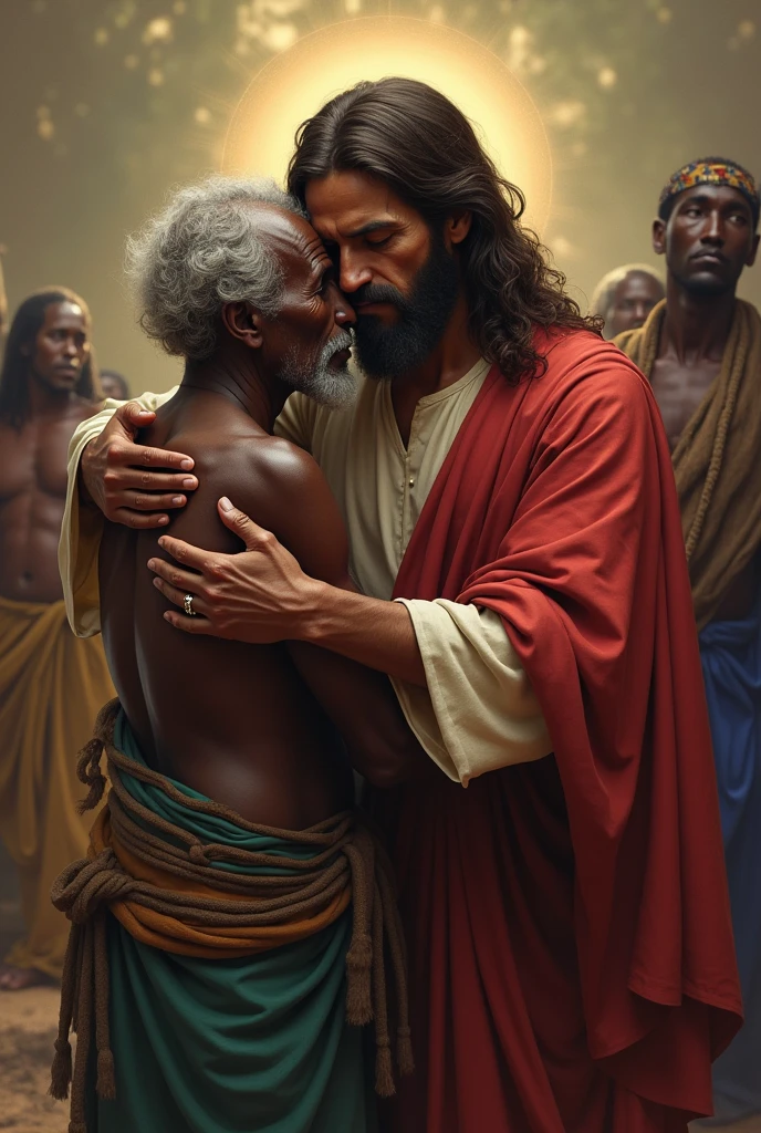 Jesus hugging an old black man with a pipe in his mouth during an Umbanda ritual