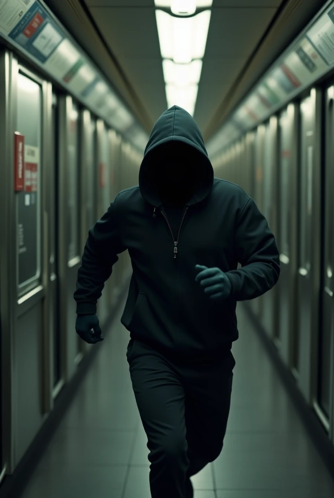 Hooded man whose face cannot be seen running out of a train kitchen
