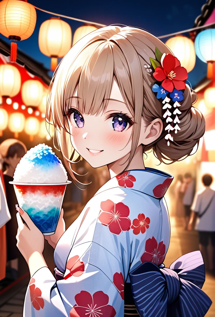 A girl is smiling while eating shaved ice at a summer festival.The girl is very cute and youthful, light Brown twin-tailed hair,Wearing a barrette on a kimono.The girl is wearing a yukata with a beautiful pink pattern.Holding a shaved ice with red syrup, he flashes a proud smile at the camera.Summer festival background with summer festival night stalls lined up,The lights of the night stalls and lanterns make the girls look beautiful.The beauty, luster and texture of the girl's hair, the cuteness of her face and the beauty of her skin, the texture of the yukata based on the Japanese tradition,The beauty and texture of the obi,The beauty of the light on the shaved ice,The fantastic beauty of the lights at night stalls and festivals,Back view, girl looking at camera.(
High quality, high definition, masterpiece, best quality, 4k, 8k:1.2).Ultra detail,Cinema lighting, ultra-fine painting,Super Fine View,Professional photography,beautiful girl