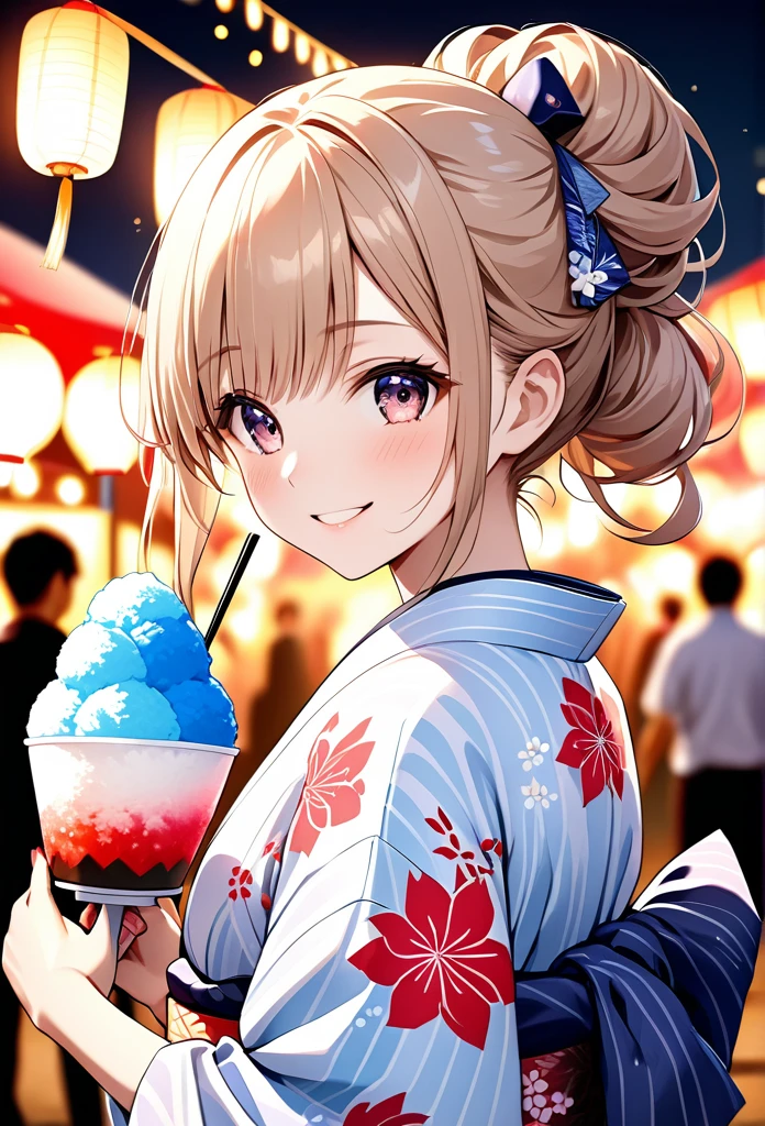 A girl is smiling while eating shaved ice at a summer festival.The girl is very cute and youthful, light Brown twin-tailed hair,Wearing a barrette on a kimono.The girl is wearing a yukata with a beautiful pink pattern.Holding a shaved ice with red syrup, he flashes a proud smile at the camera.Summer festival background with summer festival night stalls lined up,The lights of the night stalls and lanterns make the girls look beautiful.The beauty, luster and texture of the girl's hair, the cuteness of her face and the beauty of her skin, the texture of the yukata based on the Japanese tradition,The beauty and texture of the obi,The beauty of the light on the shaved ice,The fantastic beauty of the lights at night stalls and festivals,Back view, girl looking at camera.(
High quality, high definition, masterpiece, best quality, 4k, 8k:1.2).Ultra detail,Cinema lighting, ultra-fine painting,Super Fine View,Professional photography,beautiful girl