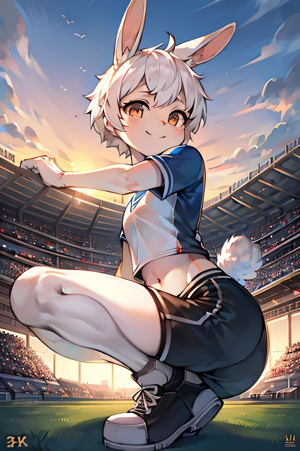masterpiece,best quality,super detailed,super fine illustration,8k,(fullface brasched:1.3),masterpiece,best quality,dynamic angle,detailed background,BREAK perfect face,perfect legs,perfect hands,BREAK  (sports uniform:1.2),(sports pants:1.2),BREAK soccer player BREAK soccer field,soccer stadium,sunset,detailed background,beautiful background,BREAK she is playing soccer.BREAK (white rabbit years:1.2),rabbit girl,short hair,girl,Small breasts,white hair,cheerful smile,