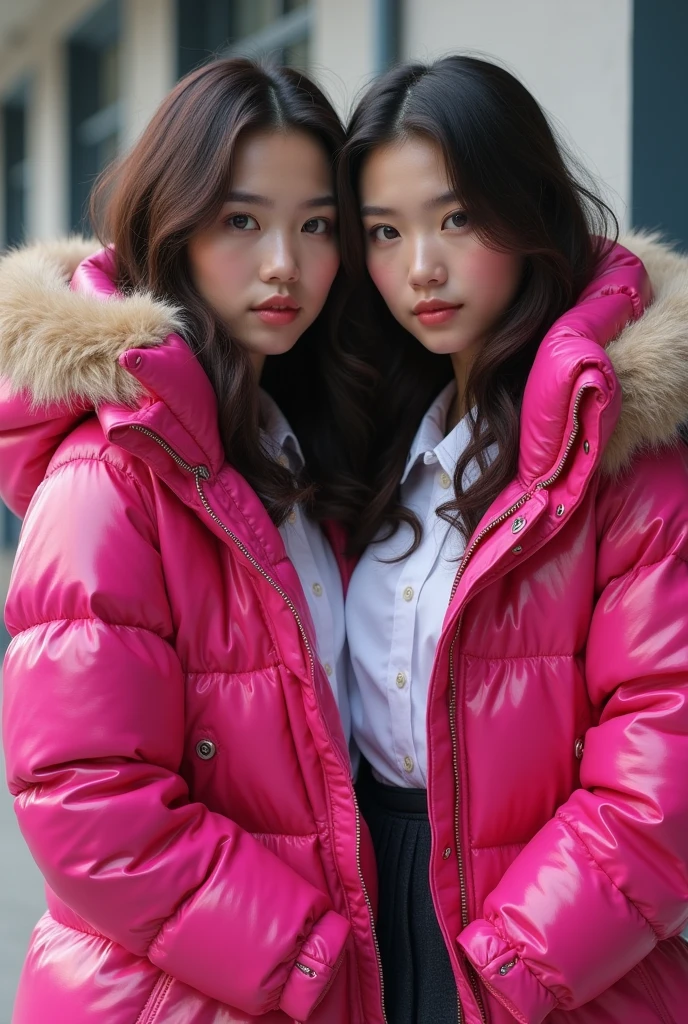 pair of cute Asian women ,wearing a very large hot pink tight shiny puffer coat, thick eyebrows, photorealistic, masterpiece, moncler, fluffy fur hood, , wavy hair, large breasts, open coat, school uniform, white blouse, pleated skirt, hugging each other