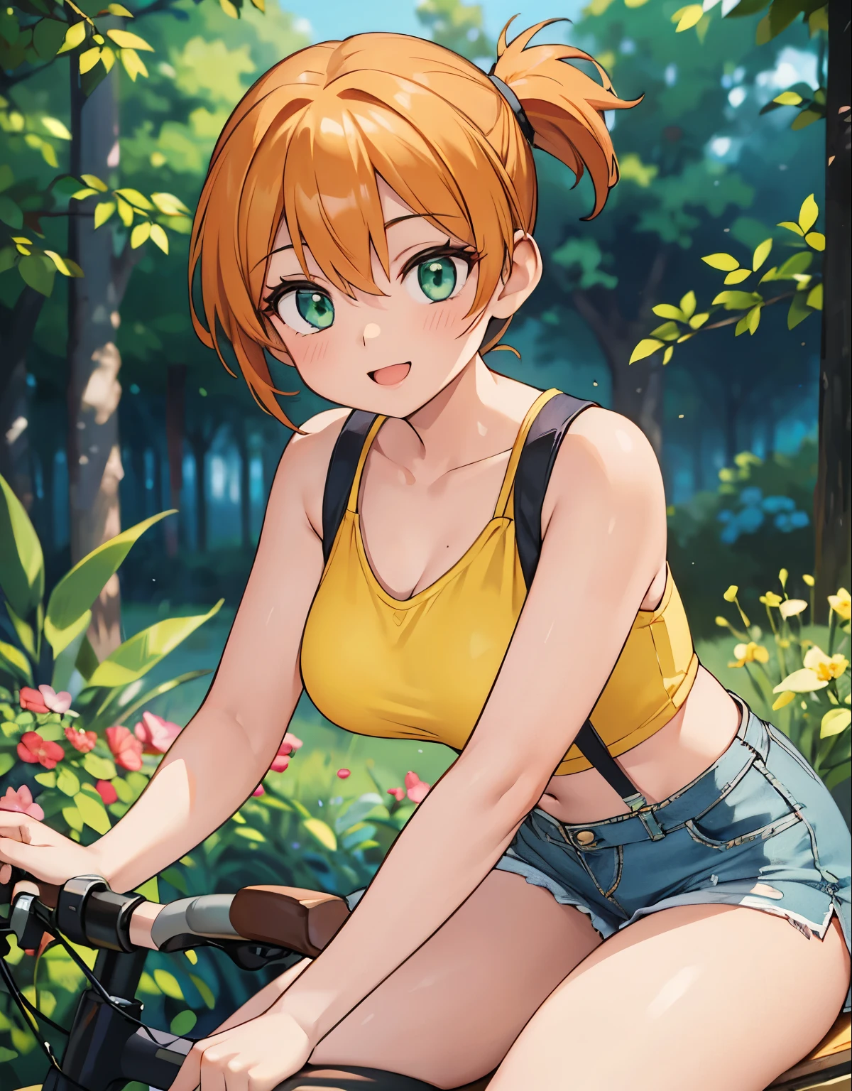 (best quality,4k,8k,highres,masterpiece:1.2), ultra-detailed, realistic:1.37, HDR, studio lighting, vivid colors, bokeh, baking, unattached beautiful girl,a girl riding a bicycle on a green path filled with flowers, beautiful detailed eyes, beautiful detailed lips, extremely detailed eyes and face, long eyelashes, girl riding a bicycle, outdoors, nature,beautiful detailed eyes,beautiful detailed lips,extremely detailed eyes and face,long eyelashes, with a lovestruck gaze, downblouse, (photorealistic:1.37), with (best quality,4k,8k,highres,masterpiece:1.2), misty, 1girl, breasts, looking_at_viewer, short_hair, closed_mouth, bangs, navel, hair_between_eyes, bare_shoulders, sitting, green_eyes, full_body, lying, sleeveless, midriff, orange_hair, side_ponytail, crop_top, looking_to_the_side, eyelashes, bare_legs, sleeveless_shirt, leaning_forward, arm_support, suspenders, tank_top, denim_shorts, yellow_shirt, hair_tie, green_shorts, suspender_shorts, yellow_tank_top, down blouse, body shape, chubby thighs, thick thighs, open mouth, smile, ultra-detailed description, capturing every exquisite detail of her appearance. Her eyes are mesmerizing, with long curled lashes, glistening in the light. Her lips are perfectly shaped, with a subtle hint of a smile. She is dressed elegantly in a flowing dress, radiating grace and charm. The scene is bathed in warm and romantic lighting, creating a captivating ambiance. The artwork possesses a fusion of realism and artistic flair, resulting in a masterpiece that showcases the emotions of love and admiration.