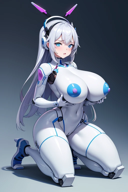 Robot girl with humanoid form, and her divisions are visible and she is sticking her tongue out, swollen breasast tips outwards and touching them with your hands, standing on tiptoes and kneeling, huge butt that looks withan the thighs and full body and there is a machine injecting the information from the head with a needle, y elle este gimiendo de la emoción, trasero más grande, pechos abiertos donde extrae leche