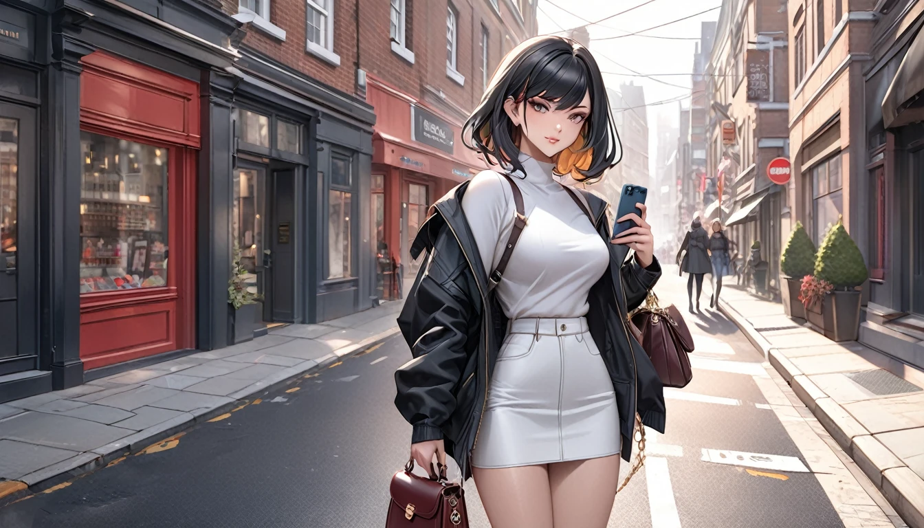 a woman standing on a city street holding a cell phone, posing in an urban street, standing in street, standing in a city street, standing in the street, in a street, masayoshi suto and artgerm, ig model | artgerm, british street background, on a street, standing on the street, holding a leather purse, 4k fashion shoot