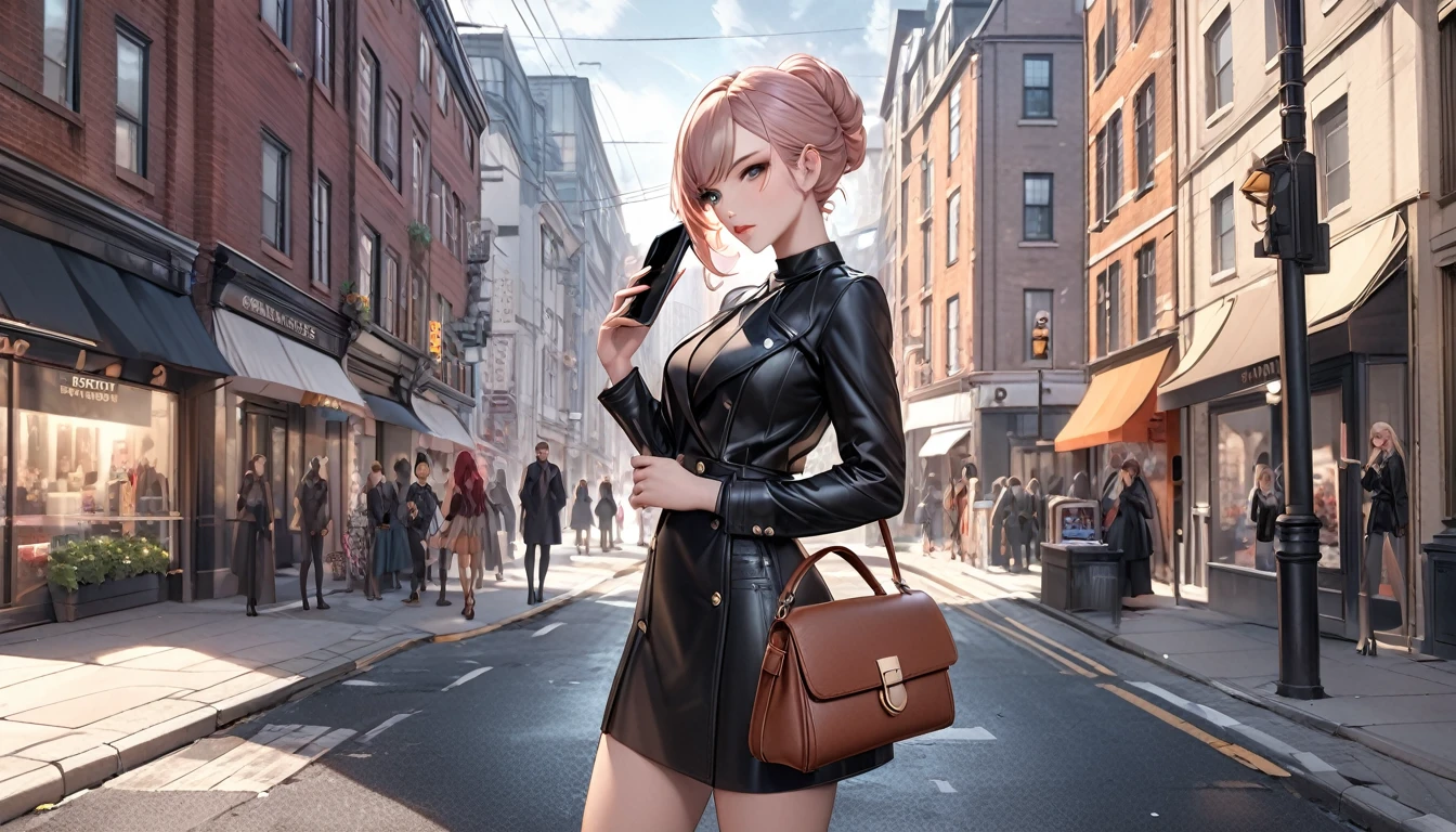 a woman standing on a city street holding a cell phone, posing in an urban street, standing in street, standing in a city street, standing in the street, in a street, masayoshi suto and artgerm, ig model | artgerm, british street background, on a street, standing on the street, holding a leather purse, 4k fashion shoot