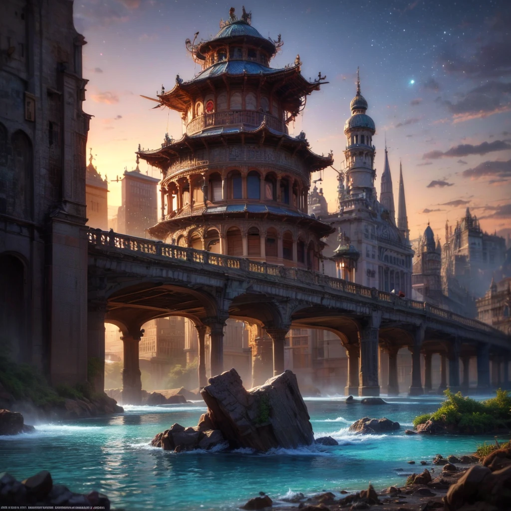 (8k, highest quality, masterpiece, final fantasy style: 1.2), (unRealistic, photoRealistic: 1.37), Dreamy landscape, Fantasy, Unsurreal landscapes, Super detailed, Flying Castle, Floating Island in the Sky, Seven-colored swirl of light, Intense lightning, nebulas, Complex Light, Colored light, Large Lake, Starry sky reflected on the lake surface, Countless shining stars, Meteors, Reflections , (A pillar of light emanated from the ground:1,2), roses and orchids gardens , bright spring day, pink clouds, waterfalls in the sky, realistic style, Hyperrealism, hyperrealistic drawing, a flying pirate spaceship floating at the clouds level, burning skyscrapers, cyborgs, timeless realms, stunning princess watching the scenes, , casting spell, healing light magic effect, in a magical lagoon of the fairyland, crystal clear water surface reflections, sharp focus, looking at viewer, (close-up:0.9), (bright white theme:1.2), (bright white tone:1.2), (deep blue tone:1.3),((( realistic, Hyperrealism, vivid colours , landscapes , alien cyborgs , science fiction themes))), fairy and a robot ,
