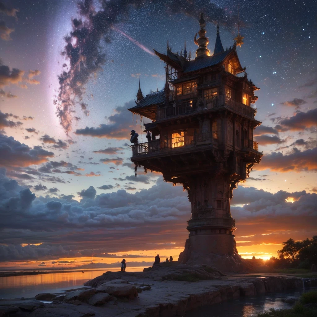 (8k, highest quality, masterpiece, final fantasy style: 1.2), (unRealistic, photoRealistic: 1.37), Dreamy landscape, Fantasy, Unsurreal landscapes, Super detailed, Flying Castle, Floating Island in the Sky, Seven-colored swirl of light, Intense lightning, nebulas, Complex Light, Colored light, Large Lake, Starry sky reflected on the lake surface, Countless shining stars, Meteors, Reflections , (A pillar of light emanated from the ground:1,2), roses and orchids gardens , bright spring day, pink clouds, waterfalls in the sky, realistic style, Hyperrealism, hyperrealistic drawing, a flying pirate spaceship floating at the clouds level, burning skyscrapers, cyborgs, timeless realms, stunning princess watching the scenes, , casting spell, healing light magic effect, in a magical lagoon of the fairyland, crystal clear water surface reflections, sharp focus, looking at viewer, (close-up:0.9), (bright white theme:1.2), (bright white tone:1.2), (deep blue tone:1.3),((( realistic, Hyperrealism, vivid colours , landscapes , alien cyborgs , science fiction themes))), fairy and a robot ,