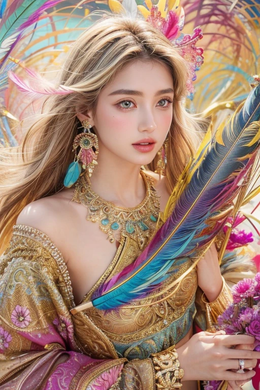A girl with small breasts, bare shoulders, golden hair, colored feathers, metal ornaments, colored flowers, particles, light rayasterpiece, top quality, best quality, official art, beautiful and aesthetic:1.2), (1girl:1.3), extremely detailed,(fractal art:1.1),(colorful:1.1)(flowers:1.3),highest detailed,(zentangle:1.2), (dynamic pose), (abstract background:1.3), (shiny skin), (many colors :1.4), ,(earrings:1.4), (feathers:1.4)