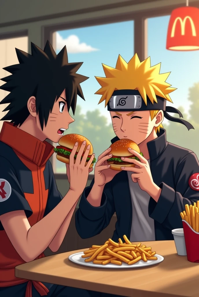 Sasuke Uchiha and Naruto uzumaki eating burgers and fries at Mc Donald's