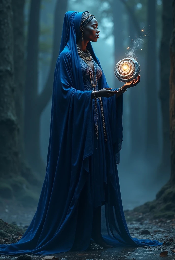 Orisha woman dressed in dark blue with a shiny spiral in her hand, uncrowned...