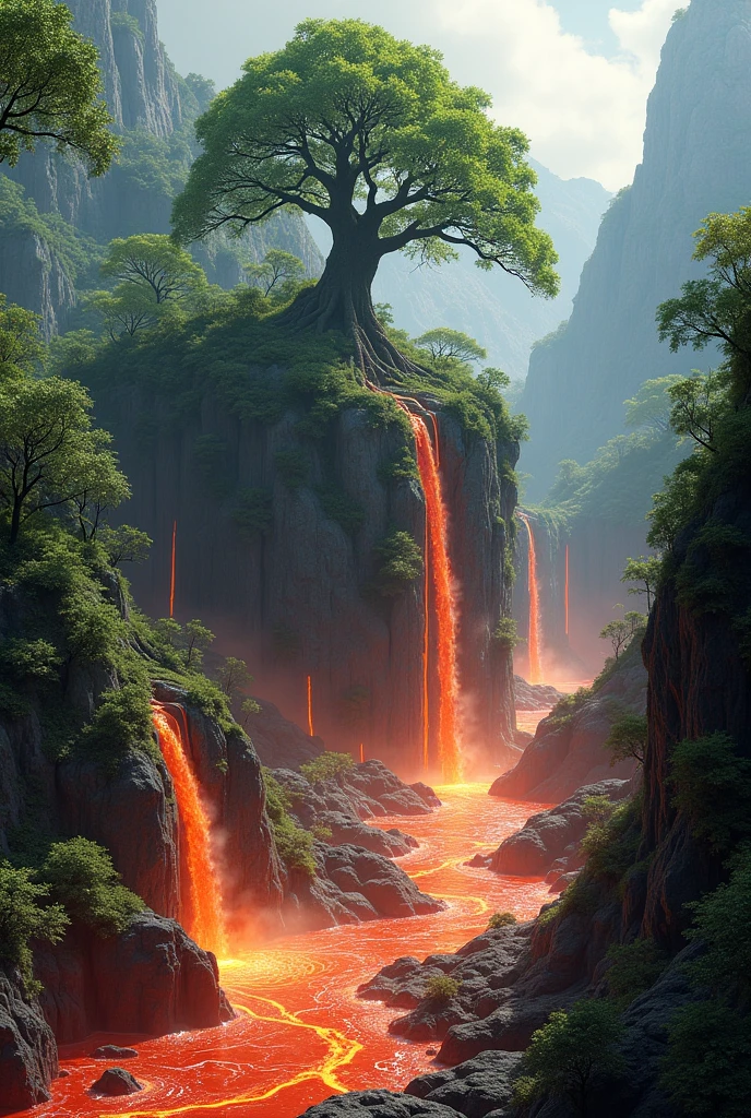 An exquisite vegetation of tree and rivers water fall from a mountain all on an island  on a sea of lava 