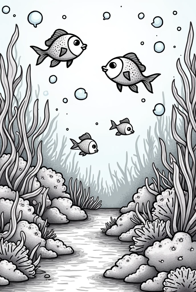 book with cute images of the seabed with corals and fish playing to color