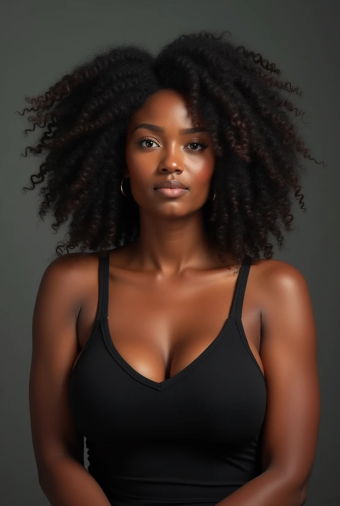 Black woman with 1,59 centimeters tall, weighing 70 kilos, looking 45 years old. breasts big. curled hair.