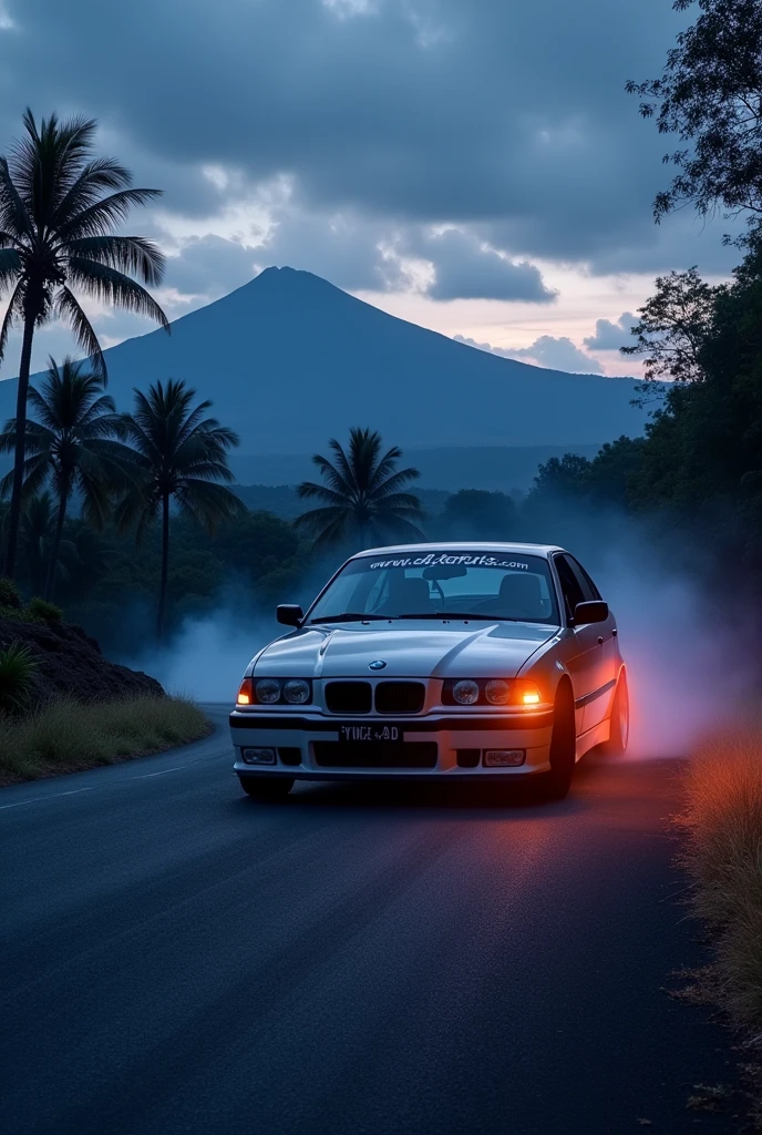 , bmw e36 car, mount fiji night background, palm trees, 5 layers colors, drifting in mountain road, smoke from tyres