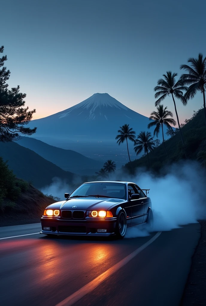 , bmw e36 car, mount fiji night background, palm trees, 5 layers colors, drifting in mountain road, smoke from tyres
