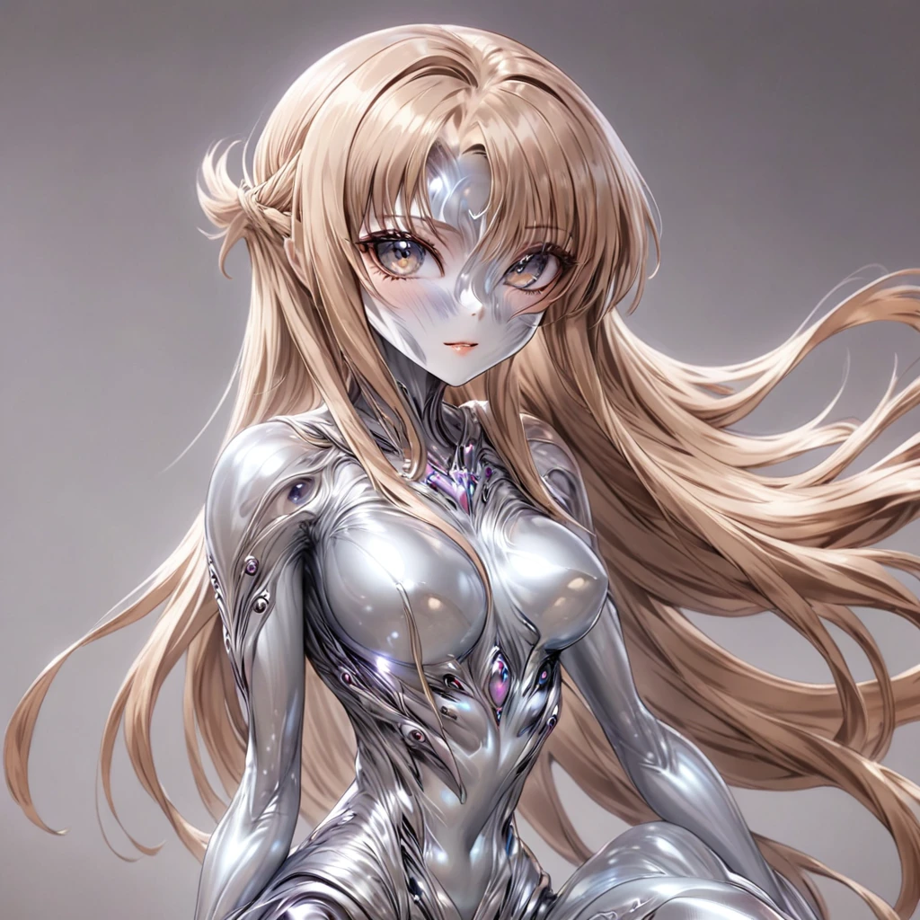 ((Highest quality)), ((masterpiece)), (detailed), （Perfect Face）、The woman is Yuuki Asuna, a completely metallic lifeform with metallic silver skin and face, and light brown metallic medium-long hair.、The woman is a metallic lifeform whose entire body and face are made of metal.、The woman is with a male metallic lifeform.