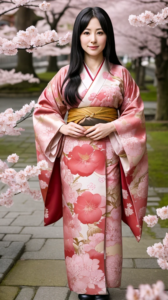 A highly detailed and vibrant full-body image of an adult Japanese anime female character. She has long, flowing black hair with soft waves, and her expressive, large brown eyes are full of emotion. She is wearing a traditional yet modern kimono with intricate patterns in shades of deep red and gold, and the fabric flows elegantly around her. The character is depicted from head to toe, with no cuts, showing her full figure. The background is a beautiful blend of cherry blossoms in full bloom, with soft petals falling around her, giving the scene a serene and magical atmosphere. The art style is typical of high-quality Japanese anime, with fine linework and vivid colors.