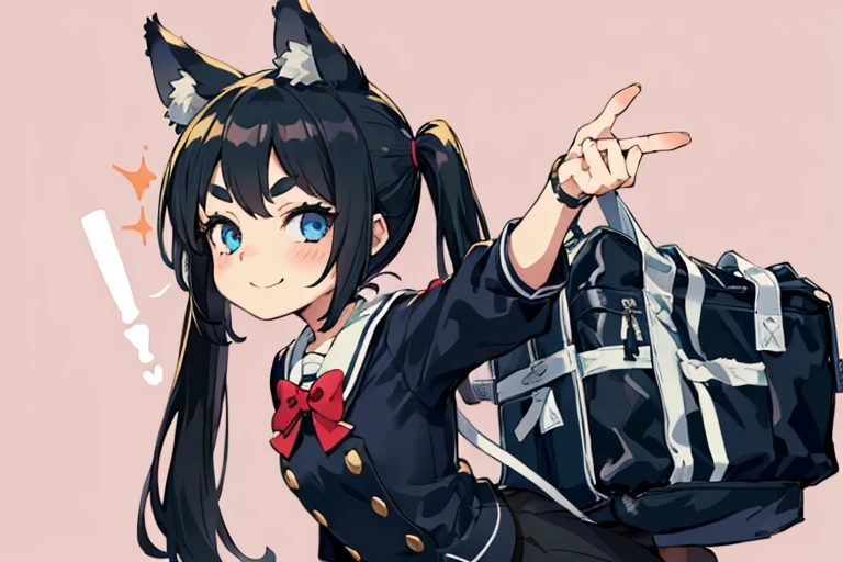 Young girl with black hair, long twintail, twintail hairstyle, (blue eyes), ((small bushy eyebrows)), (wolf ears up), wearing gothic ta, loliclothes, going to school, dull eyes, dull face, going to school, flirtatious smile, small and perky breasts,