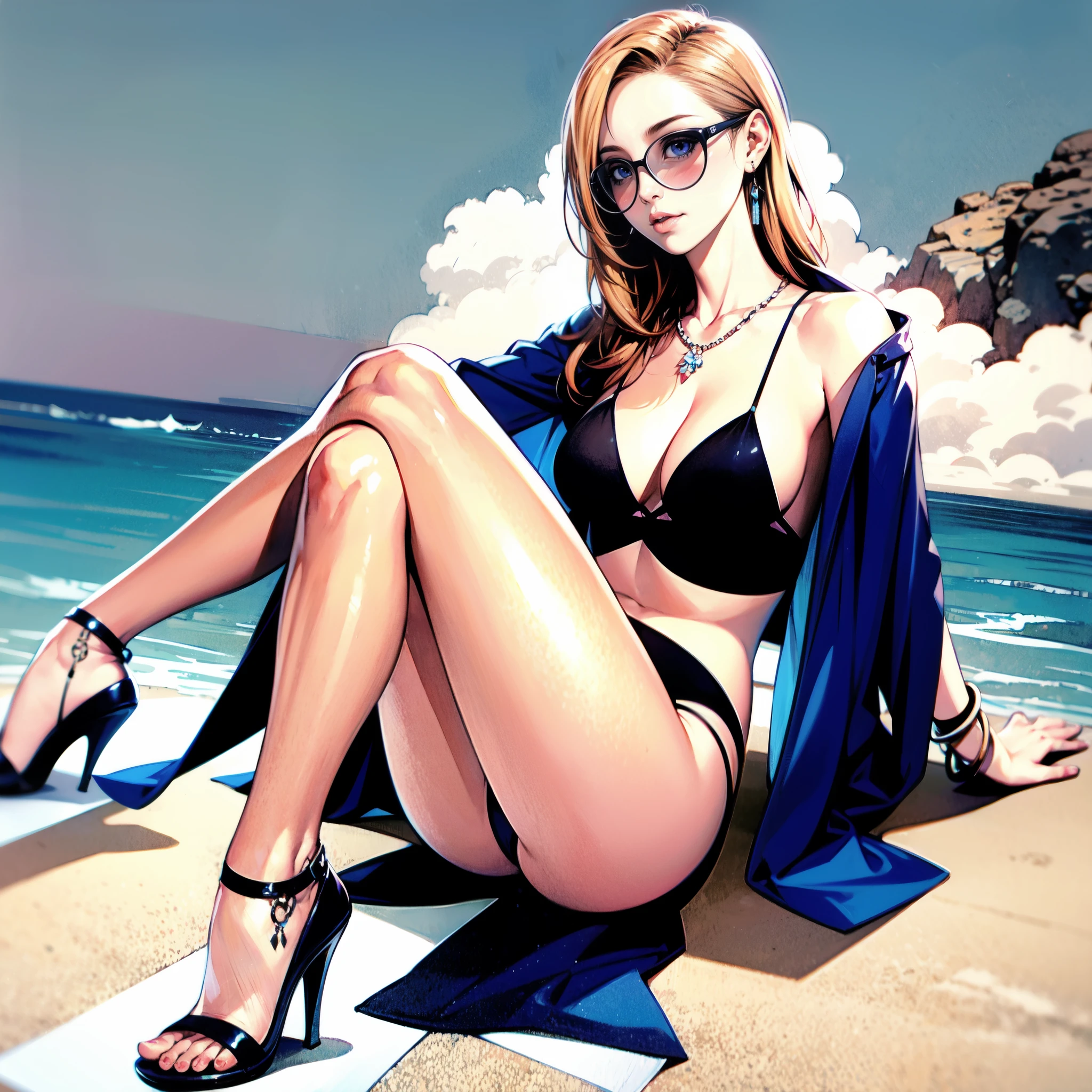 Rough watercolor sketch,Very beautiful eyes, Focus on the face line, Dripping watercolor, Ink outline, 32K resolution, Highest quality, Like a doll,Full body portrait,Swimwear,Bikini,blondes, Rolled hair,A composition that lets you see the feet,Anatomically correct,Natural and y pose,High heels,Water up to the knees,Swim ring,Ocean,Ocean,Ocean!An island in the distance,Seagull,Very detailed, High detail, High-resolution model, smile,カバー面積が多いBikini,Earrings,necklace,bracelet,anklet,Earrings,ring,blondes,baseball cape(cape)Wear,Colored sunglasses