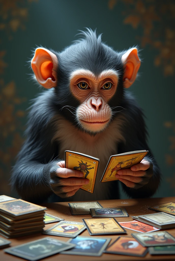 A very focused monkey playing with Magic the Gathering card games, which are strategy games. The monkey has creature and monster cards on the table and prepares to summon a card on the table.. The monkey has several cards in his hand and on the table there are several cards stacked in a deck.