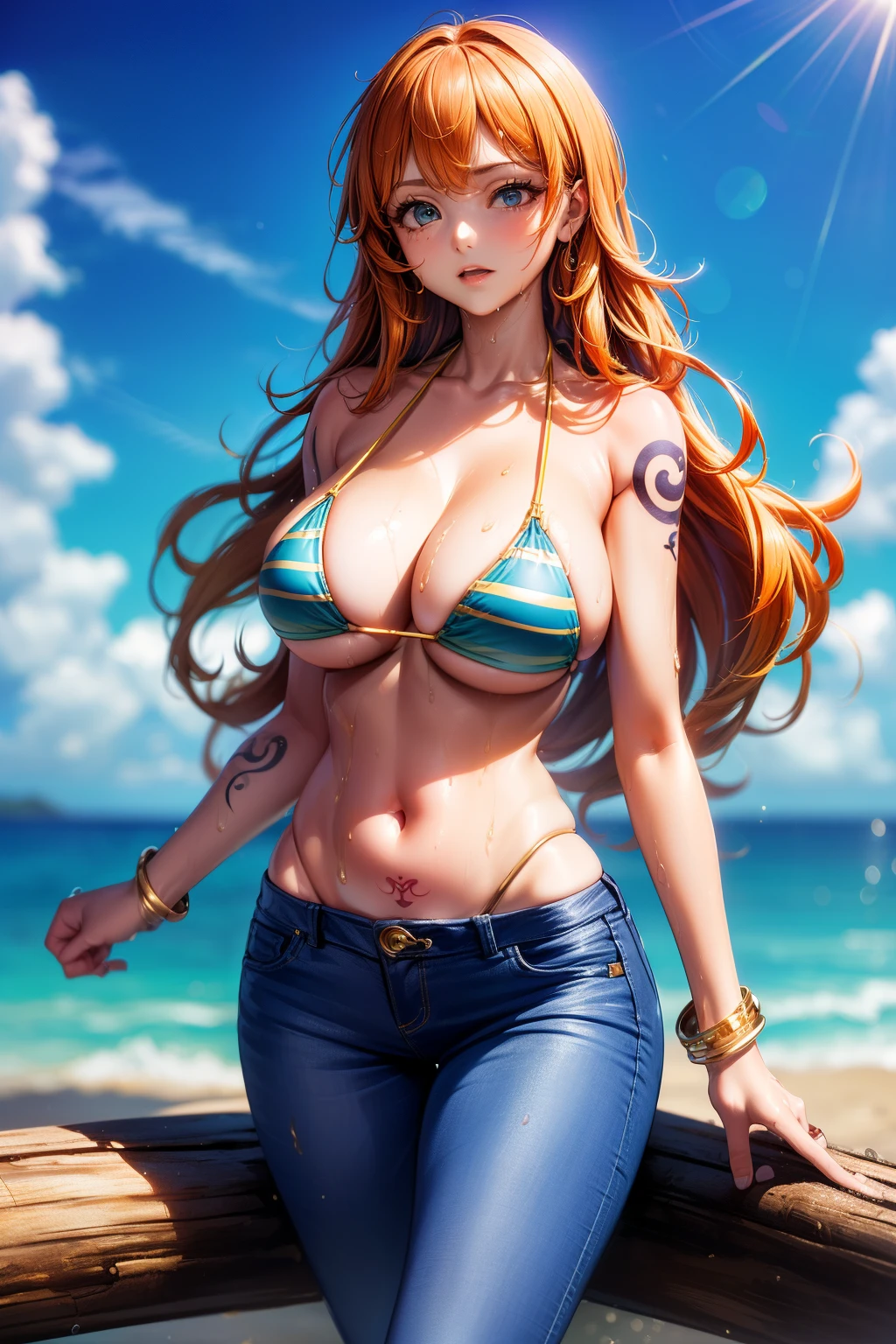 ((masterpiece)) ((Highest quality)) ((Super detailed))  ((1 Female)) ((bikini)) ((bikini top only)) ((orange long hair)) ((Silky long hair)) ((Right shoulder tattoo))  ((Long Nose)) ((One Piece Nami)) ((we)) ((Wet body)) ((Big Breasts))  ((Attractive eyes)) ((Sharp eyes)) ((The body is slim)) ((High Resolution Shadows)) ((Attractive colors)) ((blue sky)) ((Log pose in her hand)) ((Gold bracelet)) , tight , Lowrider jeans , Light shadows