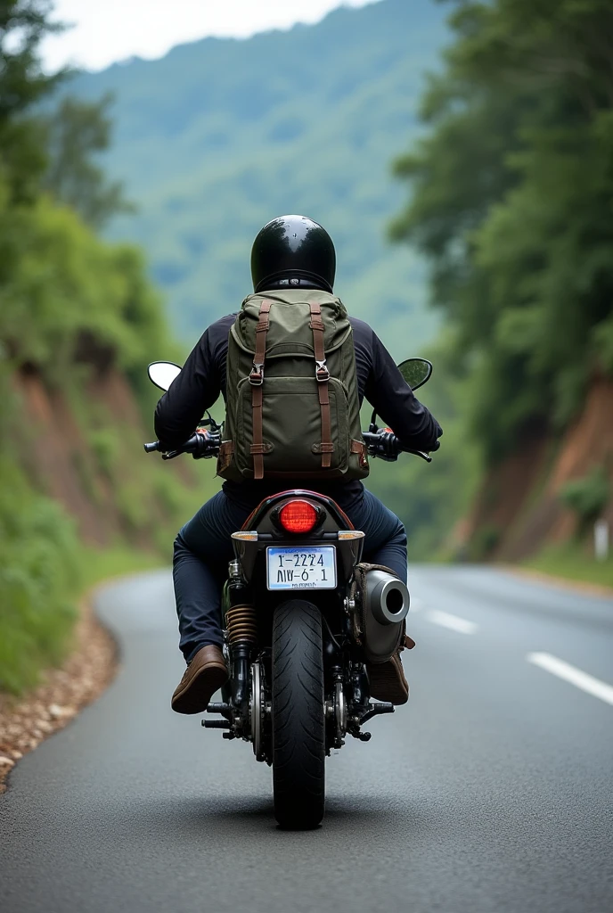 Motorcyclist on a motorcycle from behind where you can see the license plate of the motorcycle with a camping backpack