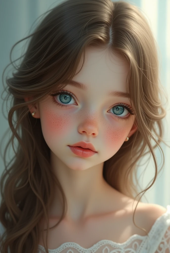 girl with brown hair and pale skin and blue eyes and freckles 
