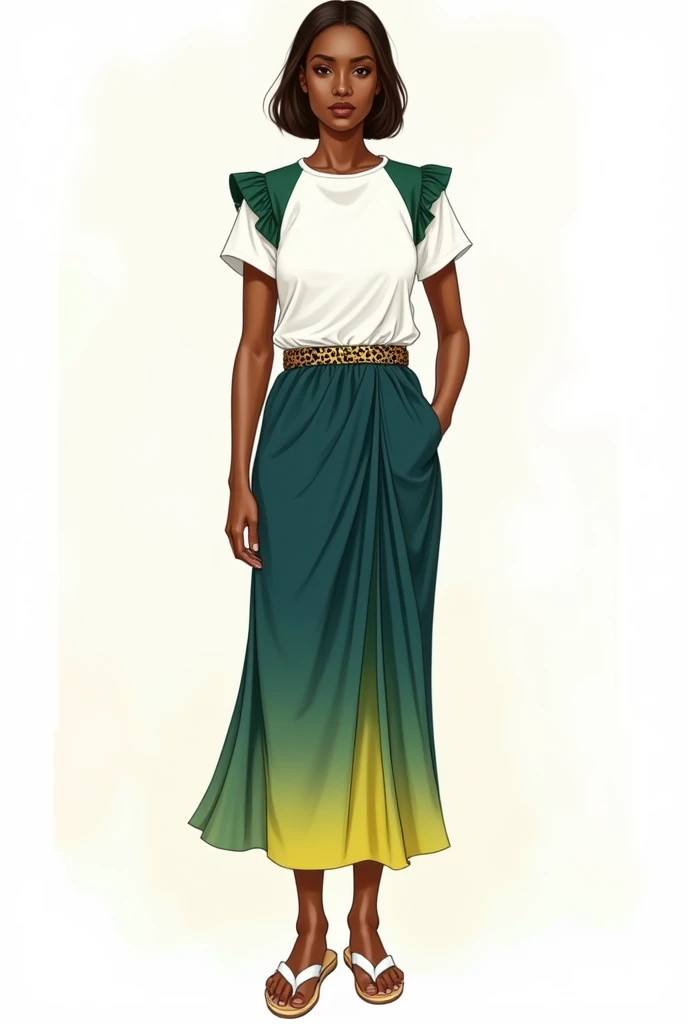 fashion sketch of a woman with brown skin. white  tee blouse with matcha green details on the shoulders and sleeves. long skirt in dark blue green with yellow gradient. belt with leopard print and white flip-flops on her feet.