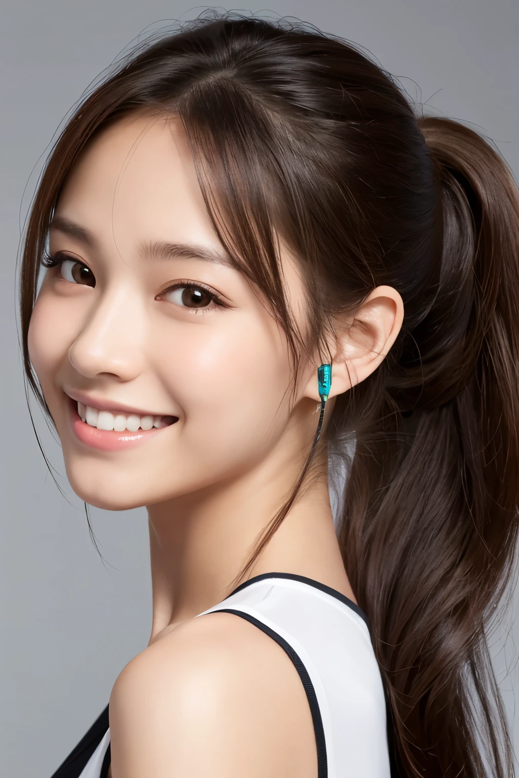 One girl, Long Hair, High resolution, smile, Gaze, Open your mouth, Simple Background, ponytail, earphone,