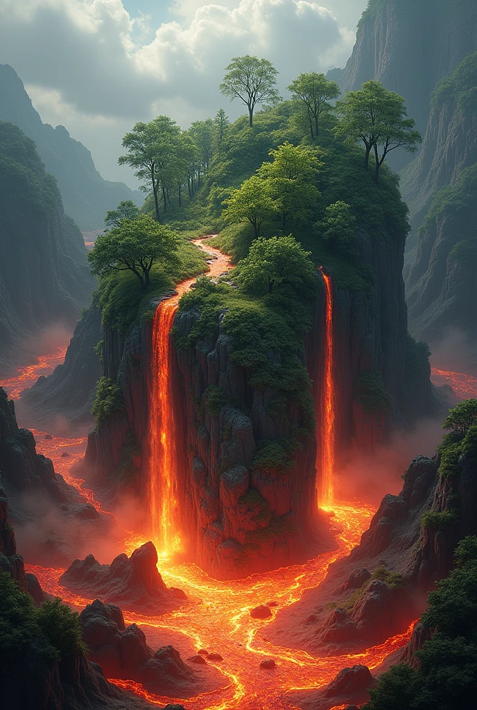 An exquisite vegetation of tree and rivers water fall from a mountain all on an island on a sea of lava surrounding the island