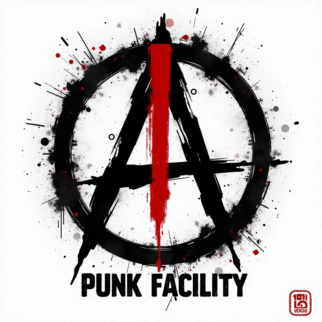 Punk rock logo: Black Α is anarchy symbol (A in circle), in the center of composition. Red letter I in front of A, in the middle of it. "AI OI PUNK FACILITY" as the title. Rough, stencil-like font. Black and red on dirty white. Surrounded by glitches, pixel errors, code snippets. Rebellious, chaotic style. handmade, chiaroscuro.