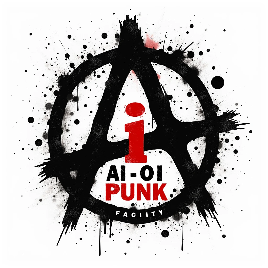 Punk rock logo: Black Α is anarchy symbol (A in circle), in the center of composition. Red letter I in front of A, in the middle of it. "AI OI PUNK FACILITY" as the title. Rough, stencil-like font. Black and red on dirty white. Surrounded by glitches, pixel errors, code snippets. Rebellious, chaotic style. handmade, chiaroscuro.