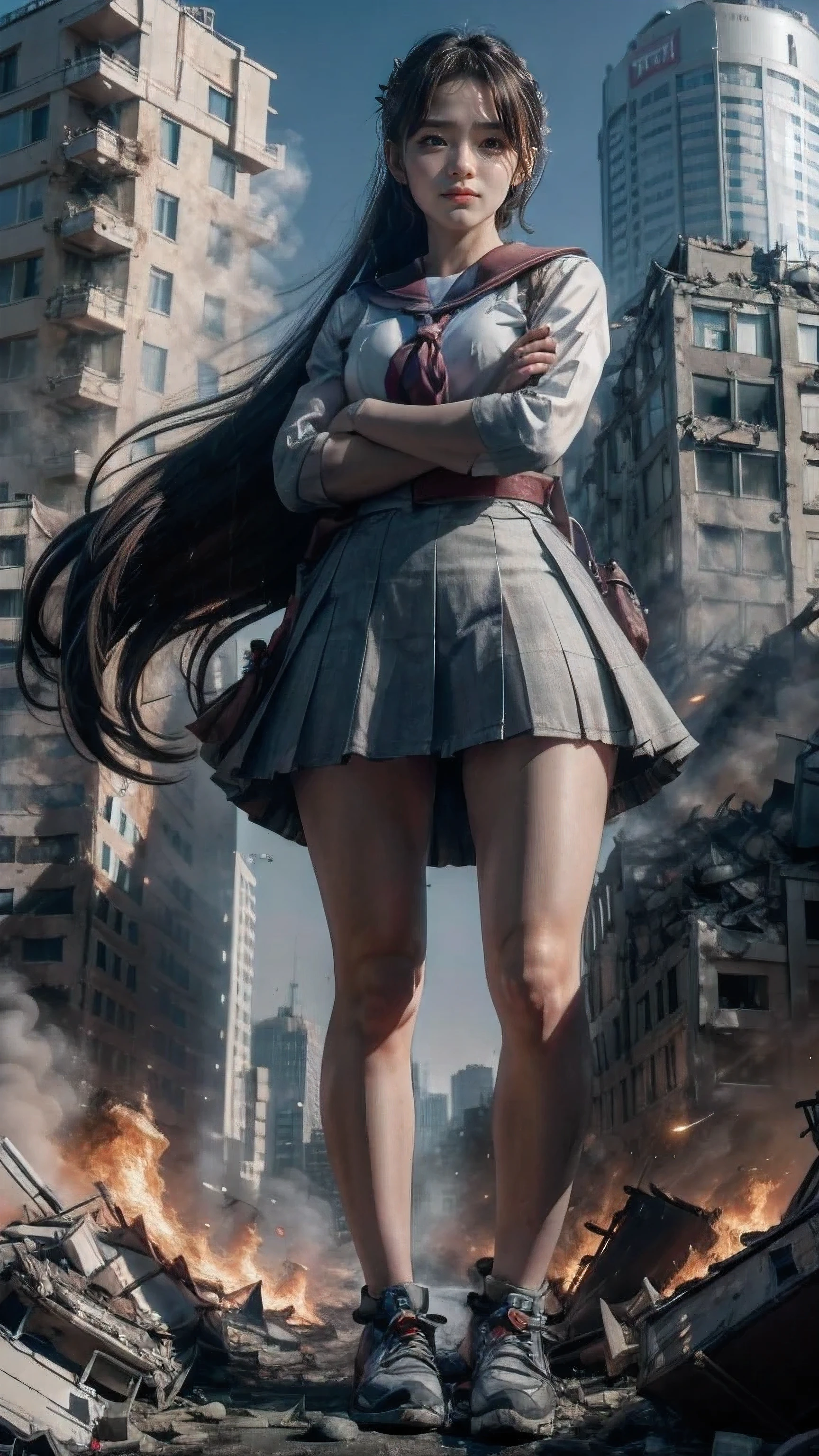 ((((Arms crossed)))),looking at the camera、Embarrassed、(Giantess Elements, High resolution, high quality, Accurate body structure, Detailed body),(((( Broken Truck))))、Plump thighs、Japanese schoolgirl, Sailor suit, Towering Giant Girl, Looking up at a woman approaching from below, giant attacks city, cute, girl Destroy a small town, Destroy a small town, Naughty look, Japanese, White skin, smile, trampling buildings, rubble, Burning Small Town, destroyed small building, Collapsed highway, Cars are crushed, Evacuation of residents, sunset, Burning Small Town, please, walk, Trampling, Anatomically correct, Accurate human body, Accurate skeleton, Full body portrait, blue eyes, rubble scattered at feet, Higher than skyscrapers, Major impact, wonderful, Giantess Elements, Draw a woman in a big way, The rise of disruptive factors, making city smaller, rampage, city, building,