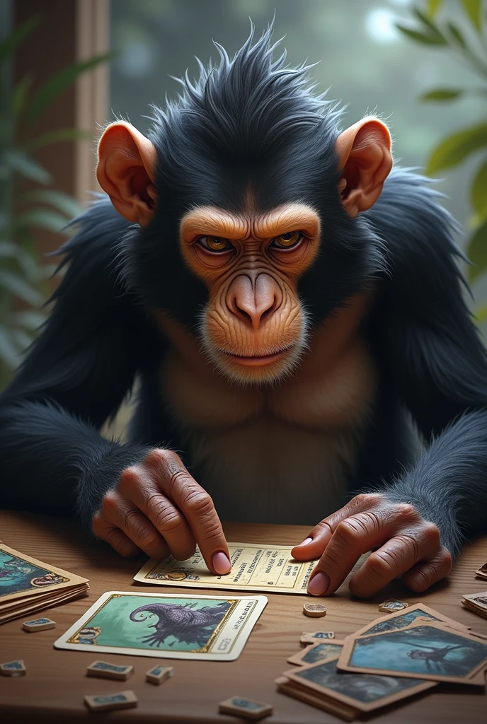 A very focused monkey playing with Magic the Gathering card games, which are strategy games. The monkey has creature and monster cards on the table and prepares to summon a card on the table.. The monkey has several cards in his hand and on the table there are several cards stacked in a deck. 