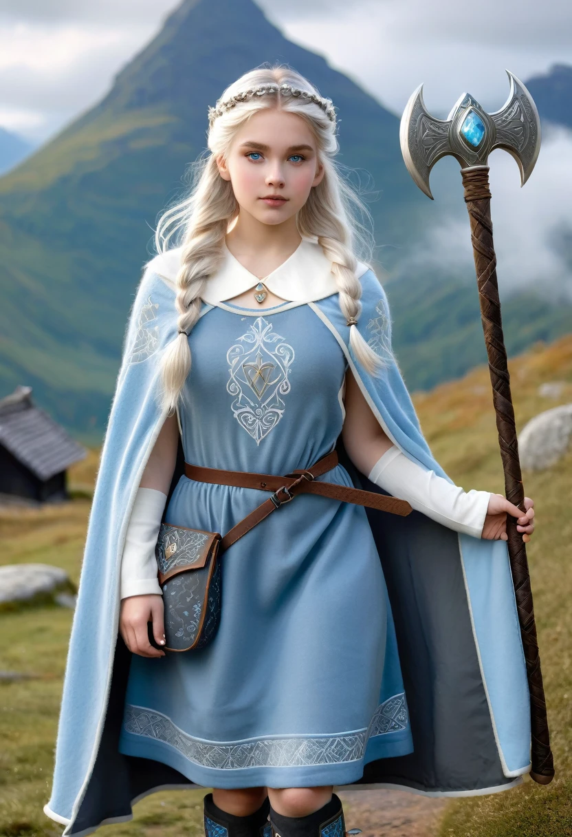 A beautiful photo of very young tween wearing a Norse style charcoal grey woolen gown with elegant pale azure blue princess style apron, runes of family, love, healing and protection are embroidered along it, with knee high stockings, white doeskin boots, and a beautiful cloak with silver white collar, has golden white hair. The hairstyle is elegant loose waves with a Dutch braided with a silver diamond circlet with a triforce gem, holding a magical axe, white leather magic bag, warrior princess, thick mountain morning mist, beautiful curvy girl, 12k, ancient Norse, octane render, perfect eyes, wide hips, large saggy chest, Norse mountain village 