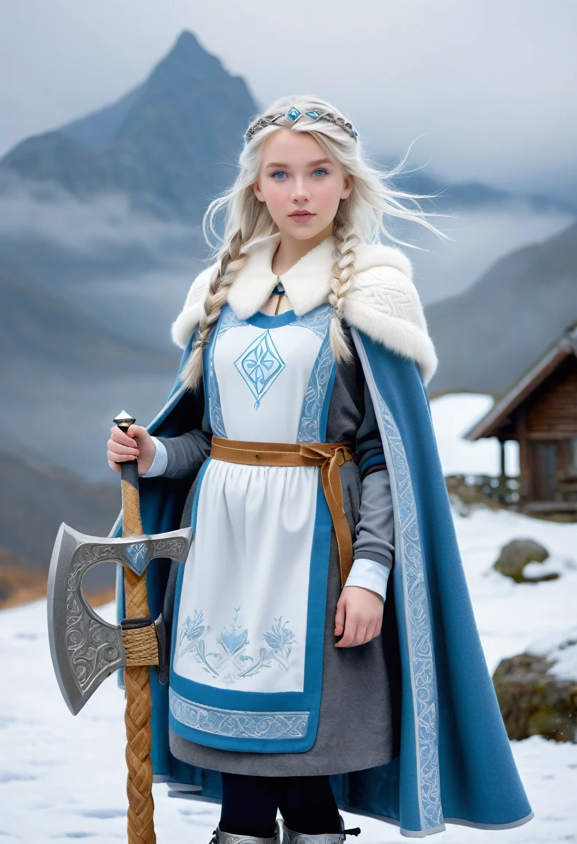 A beautiful photo of very young tween wearing a Norse style charcoal grey woolen gown with elegant pale azure blue princess style apron, runes of family, love, healing and protection are embroidered along it, with knee high stockings, white doeskin boots, and a beautiful cloak with silver white collar, has golden white hair. The hairstyle is elegant loose waves with a Dutch braided with a silver diamond circlet with a triforce gem, holding a magical axe, white leather magic bag, warrior princess, thick mountain morning mist, beautiful curvy girl, 12k, ancient Norse, octane render, perfect eyes, wide hips, large saggy chest, Norse mountain village 